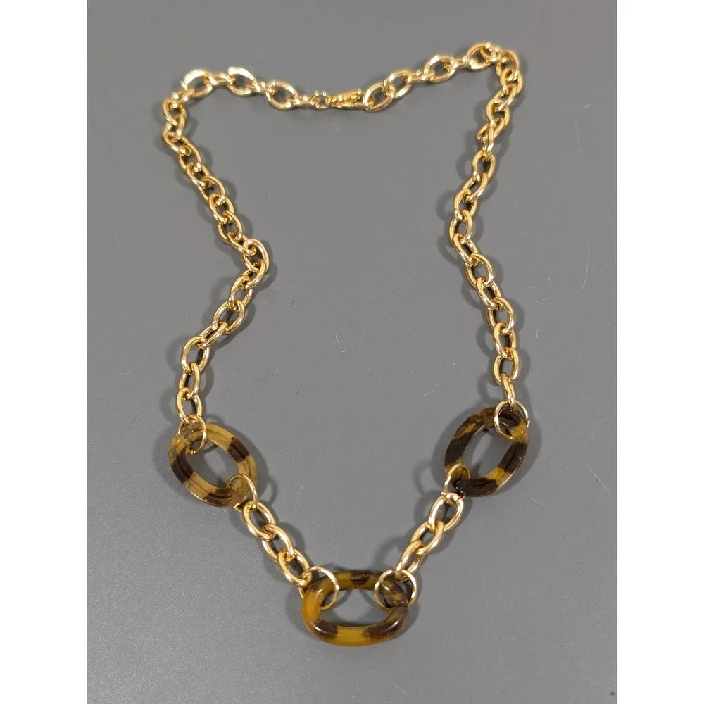 Gold‎ Tone Faux Tortoise Oval Link Necklace Retro Chain Layering 17.5in